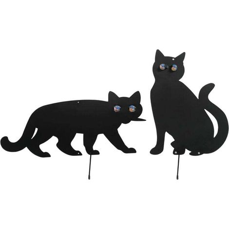 Vogelscheuche in Katzenform, Gartenvogelscheuche, hält unerwünschte Vögel vom Garten fern, 2er-Set, Glasaugen - Eisen, 37 x 24 cm, mehrfarbige Augen - schwarz
