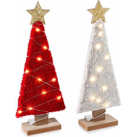 Decoro Albero di Natale in legno effetto lana con luci e stella glitter, set da 2 pezzi, cm 12 x 5 x 31 H