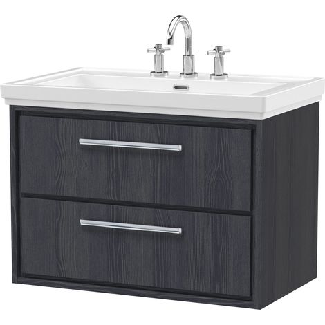 Longnor 2 Drawer Wall Hung Vanity Unit with 3 Tap Hole Traditional Fireclay Basin, Woodgrain Graphite Grey, 800mm (1/4)