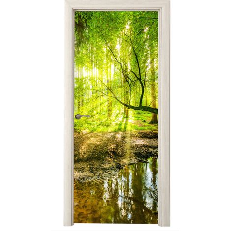 STICKER DE PORTE Forêt - Paysage - Eau - Arbres - Soleil - Vert - Nature Décoration Murale (1/5)