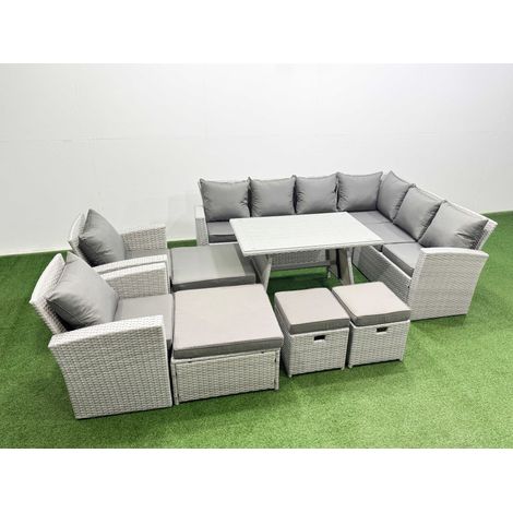 Fimous 12 Seater Garden Outdoor Rattan Furniture Set Rattan Corner Sofa Oblong Dining Table with 2 Armchairs 4 Footstools Light Grey Mixed (1/4)