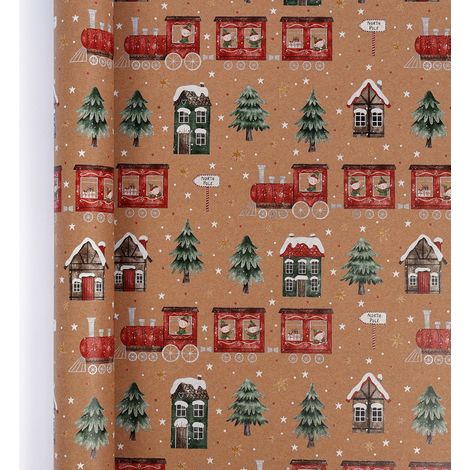 Papier kraft d'emballage de Noël (0,43 x 10 mètres), style rétro, papier cadeau pour les fêtes de Noël