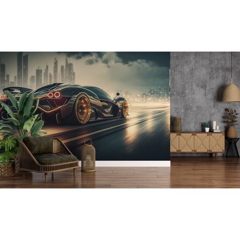 Papier peint voitures - voiture de sport noire sur piste - 500 x 270 cm (1/2)