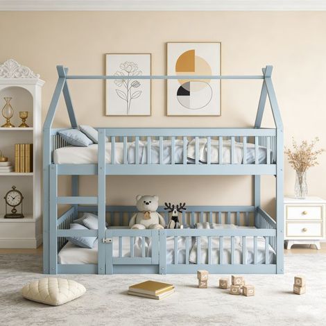 Cama litera para niños 140x200 cm, con escalera, estilo mezzanine, marco de cama de madera maciza, cama infantil, gris