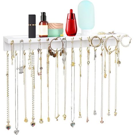 Organizador de pared extragrande mejorado con 30 ganchos, soporte para collares de pared con bandeja para joyas y expositor de cosméticos, estante rústico de pino (blanco) (1/4)