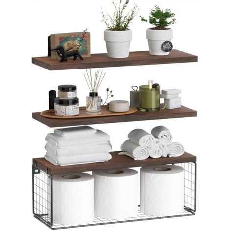 Étagère de salle de bain flottante 3 pièces au-dessus des toilettes, étagère murale avec panier métallique, étagère flottante pour décoration murale - Brun rustique (1/5)