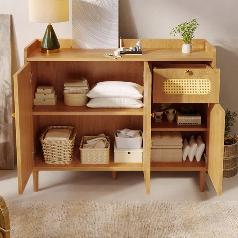 Sideboard mit 3 Türen, 1 Schublade und Soft-Close, 120x40x91 cm, Kommode in Eiche-Optik mit Rattan, Mehrzweckschrank für Wohnzimmer (1/5)