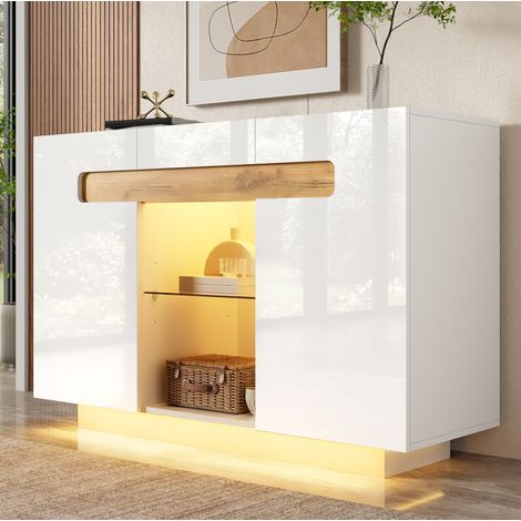 Madia 120x40x80 cm bianco e effetto legno naturale in truciolato e vetro con LED e ante lucide (1/5)