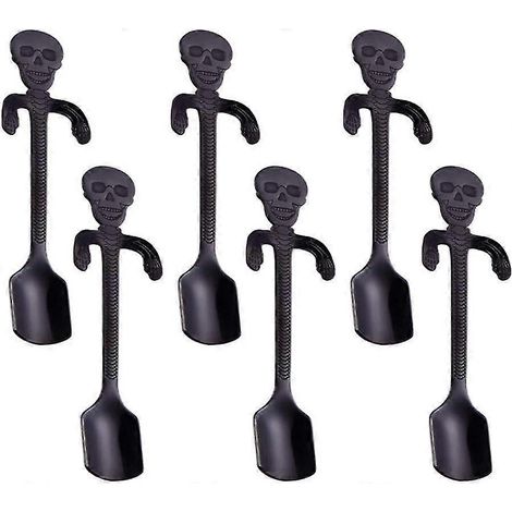 Cuillères à café suspendues en forme de crâne, en acier inoxydable, pour mélanger desserts, boissons, sucre, apéritifs, sorbets et gâteaux (6 pièces), noir FNO (1/5)