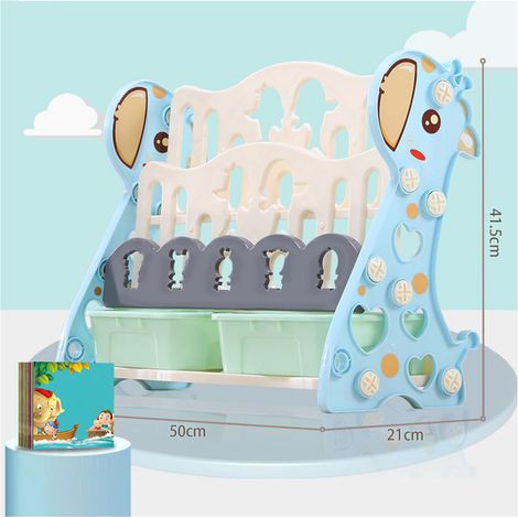 Étagère à livres pour enfants en forme de dessin animé, organisateur de livres en plastique bleu avec tiroirs, 3 étagères, support de rangement et d'exposition pour maison et école. (1/5)