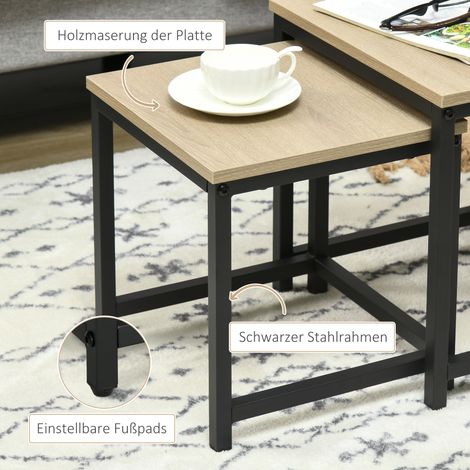Lot de 3 tables d'appoint, design industriel, cadre en acier noir, plateau effet bois (1/4)