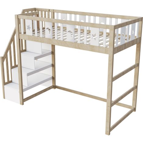 Kinder-Hochbett 90 x 200 cm aus Holz mit Stauraumtreppe und Schutzgittern (1/5)