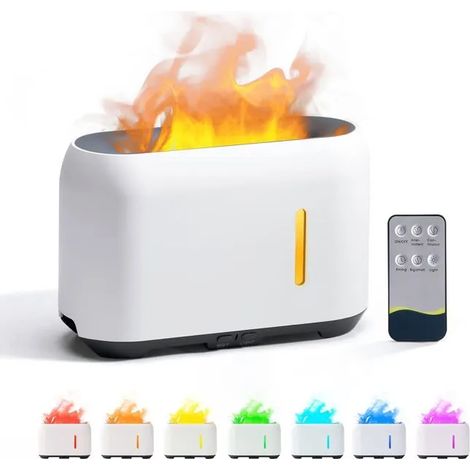 Diffuseur de Flamme pour Huiles Essentielles, Diffuseur avec 7 Effet Flamme, Diffuseur D'arôme Control avec Télécommande, Blanc (1/5)