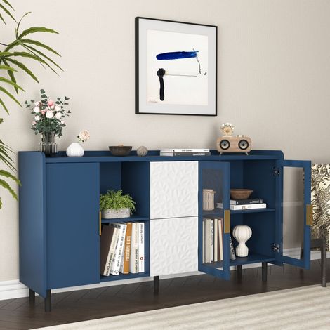 Credenza soggiorno 150x40x80 cm con 2cassetti 3 ante, buffet credenze e madie moderno, MDF e vetro, blu (1/5)