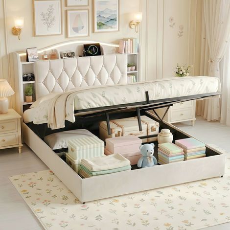 Doppel-Stauraumbett 140x190 cm aus Samt, Erwachsenen-/Jugendbett mit Lattenrost, gepolstertes LED-Kopfteil, hydraulischer Bettkasten und USB/Typ-C-Anschlüsse - Beige