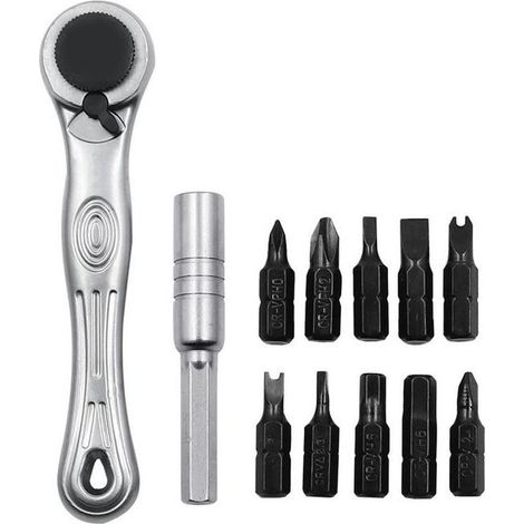 Kit Cliquet 1/4 Pouces - 12 Pièces - Embouts Hexagonaux Magnétiques - Pour Espaces Restreints - 11 Embouts + 1 Cliquet (1/5)