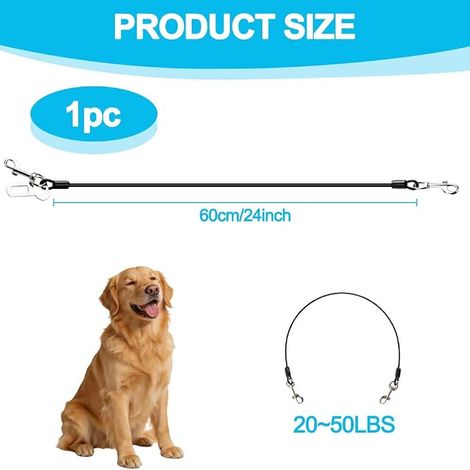 Ceinture Chien Voiture, 60CM Ceinture Sécurité pour Chien Harnais de Voiture avec Crochet Pivotant 360°, Câble en Acier pour Chiens de Petite et Moyenne (1/4)