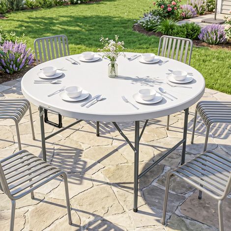 Table de jardin ronde pliante Ø122cm, 6 personnes, structure métal, plateau HDPE (1/5)