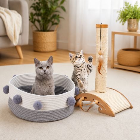 Conjunto de inicio Cosy Cat (2 piezas): cama para gatos de algodón tejido y rascador de sisal con juguetes. (1/5)