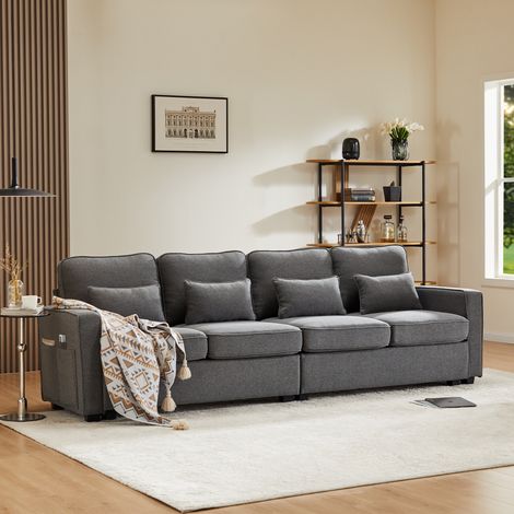 4-Sitzer Sofa, modernes Wohnzimmersofa für Wohnung und Büro, Leinenoptik mit Seitentaschen und 4 Kissen, 264 cm, Dunkelgrau (1/5)