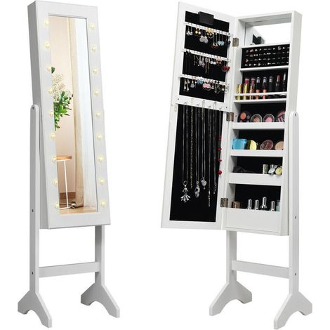 Armoire à bijoux avec miroir et LED, organisateur de rangement sur pied en MDF blanc pour chambre (1/5)