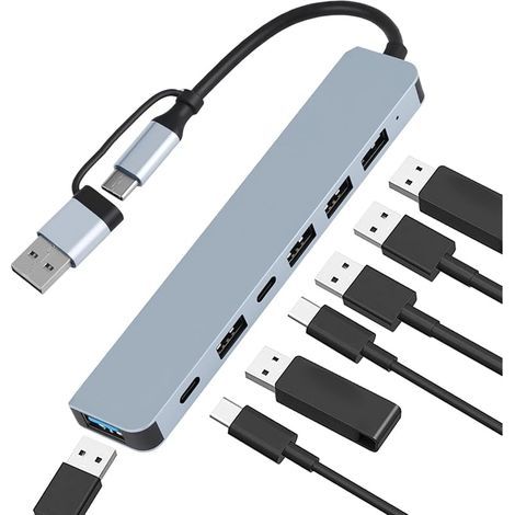 Hub USB 7 en 1 Double-Tête Adaptateur Connecteur USB-A & USB-C avec 1× USB 3.0, 4× USB 2.0, 2× Ports de Données USB-C, Multiprise USB Haute Vitesse pour Ordinateurs, Tablettes & Téléphones (1/5)