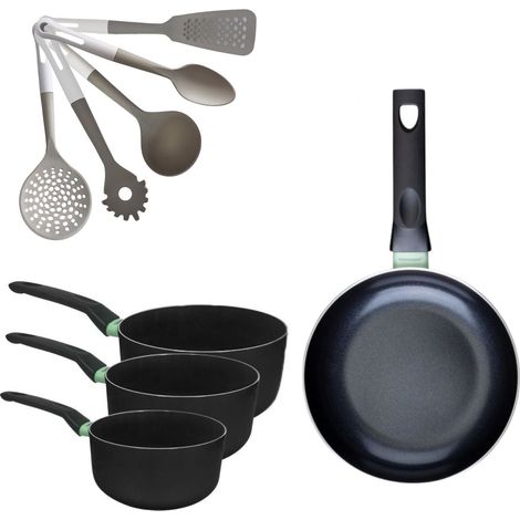 Lot Poêle 28cm et 3 Casseroles 16/18/20cm Fackelmann Brandao avec 5 ustensiles Vario (1/5)