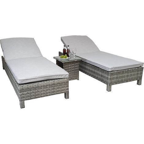 Signature Weave Sarena Wicker 2x Sun Lounger Bed Chair & Side Drinks Table Grey