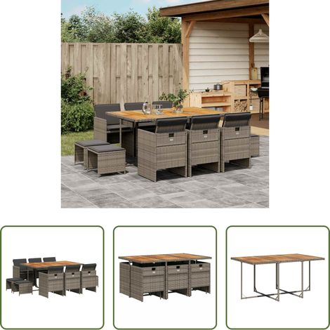 vidaXL Gartenstuhl -  11-tlg. Garten-Essgruppe mit Kissen Grau Poly Rattan (1/5)