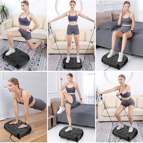 Plataforma vibratoria de cuerpo completo (49x38x18 cm), velocidad ajustable, con 2 bandas de resistencia, ABS, goma y acero, negra (1/5)