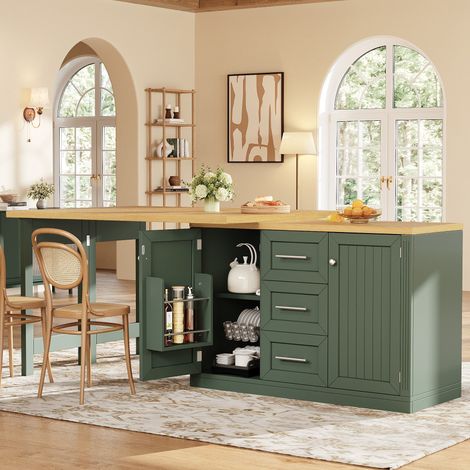 Îlot de cuisine extensible 120-197cm,Table à manger avec surfaces pivotantes à 360,Table bar avec étagère snack,fermeture magnétique et tiroir,Vert (1/5)
