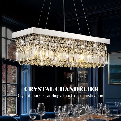 Moderne rechteckige Haengeleuchte Silber 60 cm Kristall Pendellampe mit 6x E14 hoehenverstellbar elegante Deckenleuchte fuer Esstisch und Kuecheninsel