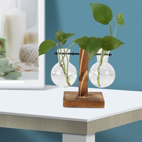 Vase hydroponique créatif en bois pour plantes pothos, récipient à fleurs en verre transparent, objet de décoration de bureau, style C. (1/5)