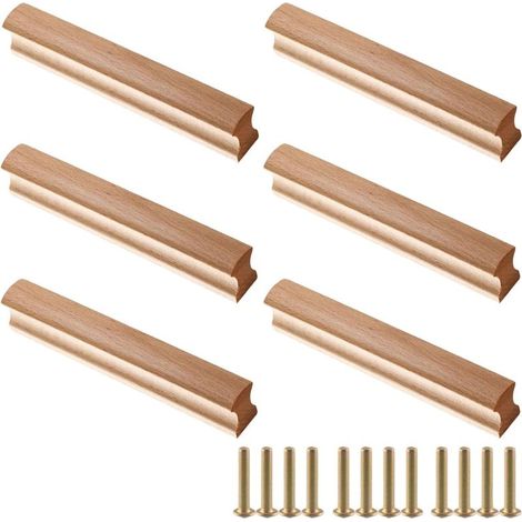 6 Pièces Poignée Bois, Poignée Meuble Bois avec Vis, Tiroir Tire, Armoire de Cuisine en Bois Massif avec Poignées, Distance des Trous 160 mm (1/5)