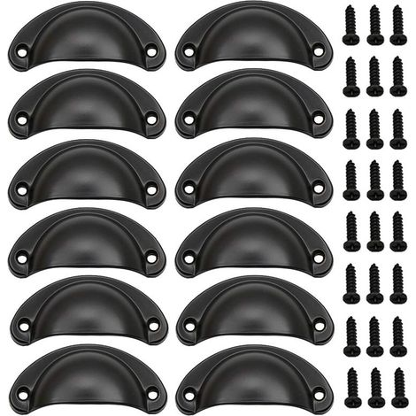 12 Poignées Vintage Coquille Noir pour Meuble - Bouton Tiroir Armoire Cuisine en Alliage Fer-Nickel 8,1x3,5 cm - Lot de Poignées Demi-Lune Rétro (1/5)
