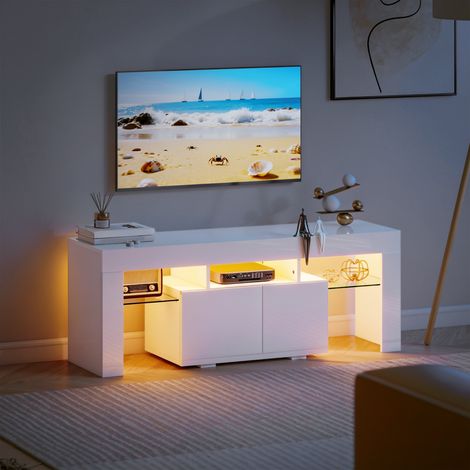 Meuble TV. meuble télé avec éclairage LED RGB. haute brillance. étagères en verre trempé. 120x34x45cm. blanc