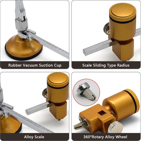 Cortador de vidrio circular robusto con ventosa de 54 mm de diámetro, radio de corte de 1,5 a 12 pulgadas y cilindro hidráulico ajustable. (1/3)