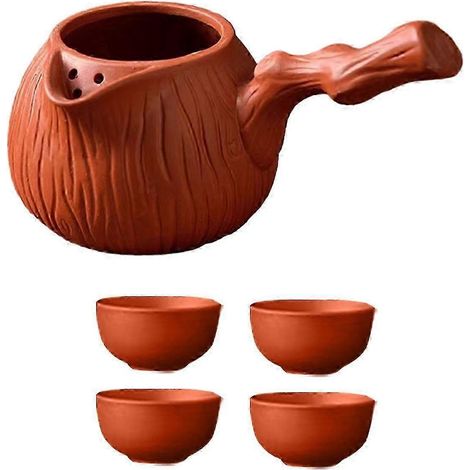 Tragbare Teekanne und Tassen aus Keramik für kochend heißes Wasser, geeignet für losen Tee mit hitzebeständigem Griff und ideal für Wanderungen und die Küche.-Red (1/5)