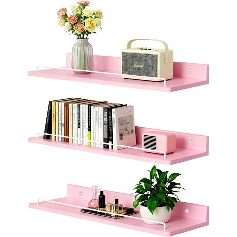 Étagères Murale, Tablette Murale Lot de 3, Etagere Murale Bois pour Salle de Bains, Chambre, Bureau, Salon, Cuisine 40x14cm (Rose) (1/5)