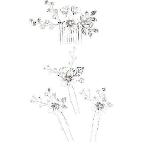 Lot de 4 épingles à cheveux décoratives en fausses perles et fleurs, avec peigne latéral, pour mariage ou mariée.-White (1/5)
