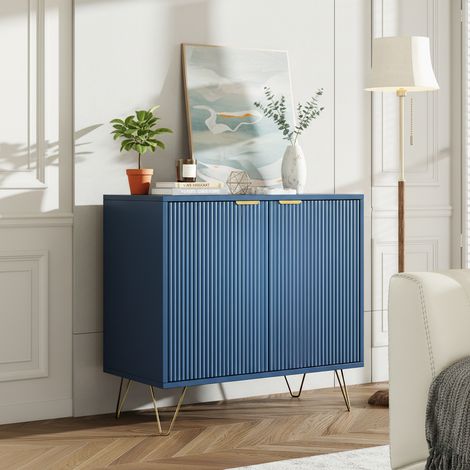 Buffet à rayures verticales avec 2 portes, poignées dorées, pieds plaqués or, Entrepôt à 2 étages - L 80 x P 40 cm - Style scandinave - Bleu (1/5)