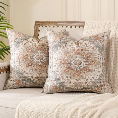 Housse de Coussin Boheme 40x40 Beige Housse Coussin Ethnique Decoratif Canape Rétro Boho Décoratifs pour Canapé Lit Chambre Chaise Extérieur Jardin Art Déco Automne Lot de 2 (1/5)