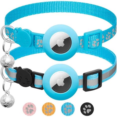 Lot de 2 colliers pour Apple AirTag pour chat avec clochette, collier réfléchissant pour chat avec support Airtag, réglable de 17,8 à 30,5 cm, avec boucle de sécurité -(Bleu)