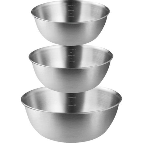 Ensemble de 3 bols en acier inoxydable, comprenant un bol, 3 saladiers de tailles différentes (1,2 L, 1,8 L et 2,5 L), des bols mélangeurs empilables et compatibles lave-vaisselle, couleur argent. (1/5)
