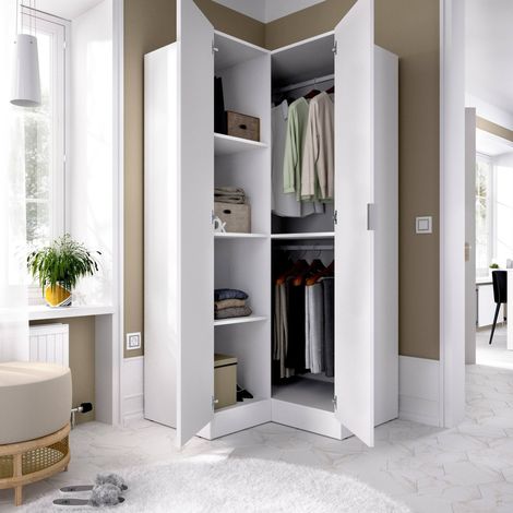 Dmora - Armario Dcipo, Mueble de esquina para dormitorio, Armario de esquina con 2 puertas batientes, 91x93h184 cm, Blanco (1/5)