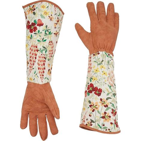Gartenhandschuhe aus Leder mit Rosenmuster – Dornenfest – Mit durchstichfesten langen Ärmeln – Polyesterdruck – Für Damen (1/5)