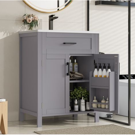 Mueble de baño con lavabo (60x46x84.8 cm), de pie, con puertas dobles, cajón reversible, MDF y cerámica gris (1/5)