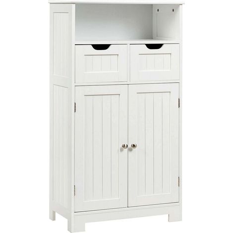 Meuble salle de bain blanc en bois avec 2 tiroirs et 2 portes, étagère réglable et finition hydrofuge pour entrée et chambre (1/5)