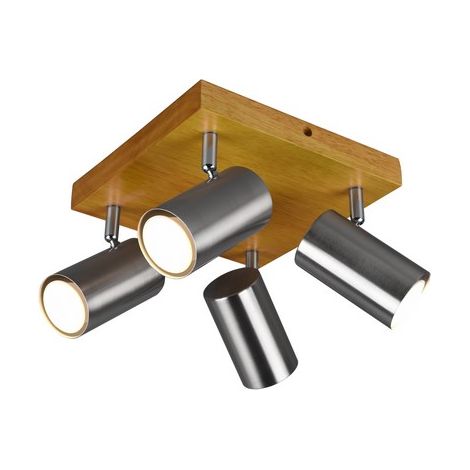 Spot plafonnier moderne 4x GU10 argent et bois clair orientable VANTOS (1/3)