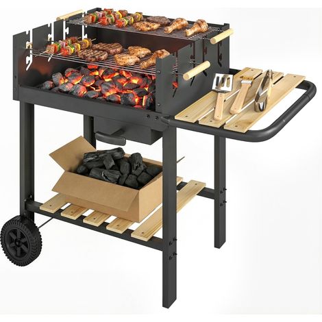 Barbecue au charbon de bois sur chariot avec grille réglable en hauteur sur 4 niveaux, 2 tablettes à bois, 2 roues et bac à cendres – 99,5 x 58 x 82 cm